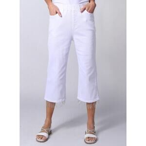 NEW Parker‎ & Rowe White Capri Jeans Pull On Elastic Waist Rhinestone Fringe XL